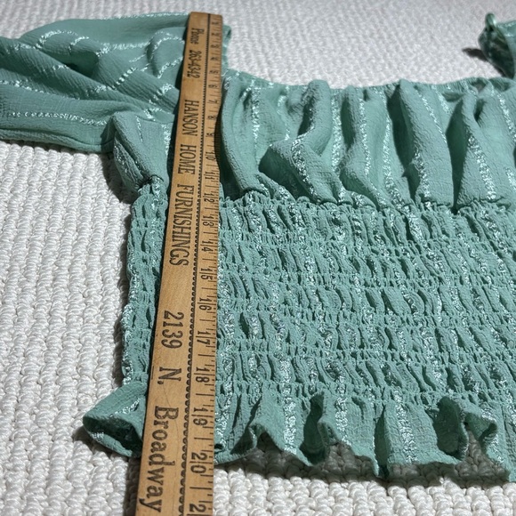 Smocked semi sheer crop top women’s L puffed sleeve ruffle ribbon feminine green - Picture 6 of 9